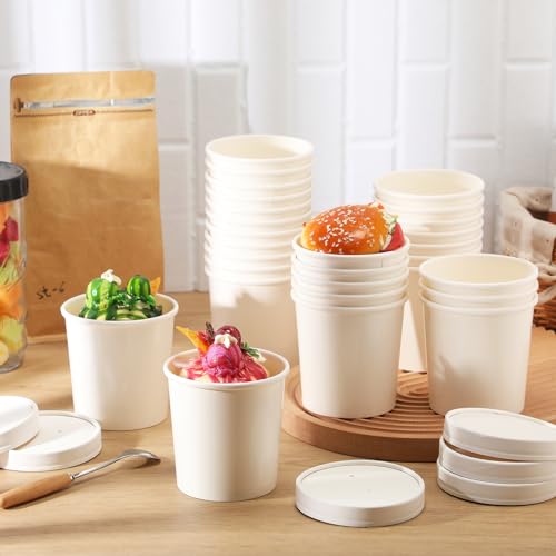Image of Fulmoon 16 oz 100 Pack Paper Containers with Lids Soup Bowl Cup, White | Disposable Ice Cream Cup, Kraft Food Containers with Vented Lid Stackable for Hot Soup Dessert Cake Fruit Microwave Takeout