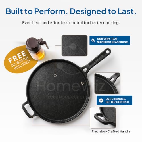 Image of HomeWiz Cast Iron Roti Tawa 28 cm | Free Oil Dispenser 500ml | Pre-Seasoned Iron Tawa with Long Handle for Roti, Chapati, Chillas & Paratha | Naturally Non-Stick | Induction & Gas Compatible