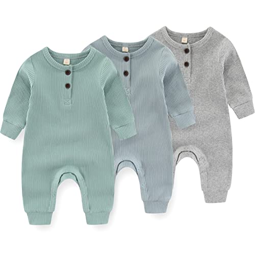 Image of IADOER Newborn Baby Boys Girls One Piece Romper With Mitten Cuffs 3 Pack Long Sleeve Ribbed Button Jumpsuit Outfit Clothes