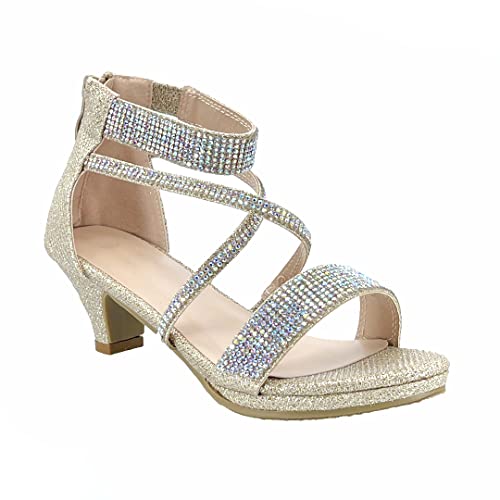 Image of ABSOLEX Girl's Toddler /Little Kid /Big Kid Cross Strappy Open Toe Rhinestone Dressy Low Heel Dress Up Pump Sandal