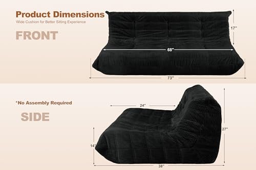 كرسي بين باج من كانسونا، كرسي بين باج عملاق للكبار، كرسي مريح كبير بجانب المدفأة، كرسي بين باج مريح مع حشوة ميموري فوم، اريكة ارضية للمنزل وغرفة المعيشة (اسود، 3 مقاعد)