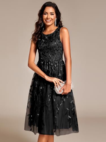 Ever-Pretty Women's Sequin Sparkly Crew Neck Short Sleeve Tea Length Evening Dress 207364