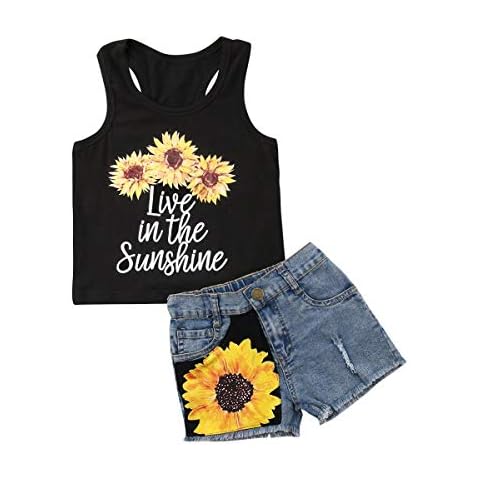 Willow Dance 2Pcs/Set Toddler Kids Baby Girl Sleeveless T-Shirt Top+Sunflower Denim Jeans Shorts Outfits (Black A, 3-4 Years Old) Cover