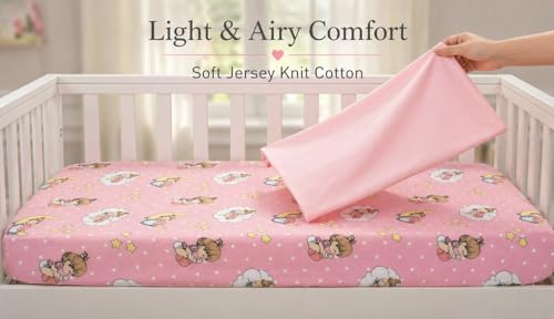 Image of 2 Pack Fitted Crib Sheets for Girls in 100% Jersey Knit Cotton - Pink and Yellow Precious Moments Design Plus Solid Pink Girl's Crib Mattress Sheets by Everyday Kids