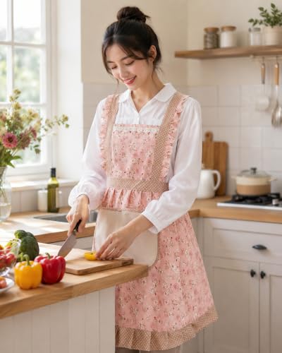 Image of PUJI 1 Pcs Women Kitchen Apron with Hand Wipe Pockts, Big Pocket,Hand-wiping, Waterproof for Cooking Baking,Center Pocket Hand Towel Women and Men (1 Pcs)
