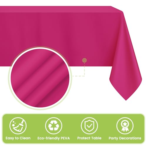 Image of Mulbozy Rose Pink Plastic Tablecloth Disposable 4 Pack, 54 x 108 Inch Table Cloths Rectangle, Hot Pink Plastic Tablecover for Party Decor