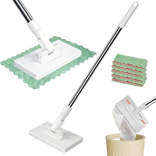 Wischmopp mit Druck-Klemm-System Mini Mopp Ohne Haendewaschen 1-Knopf-Wechsel Automatischer Klemmtuch-Mopp Fauler Wischmops mit 10 wiederverwendbaren Mikrofasertüchern für Zuhause und Büro