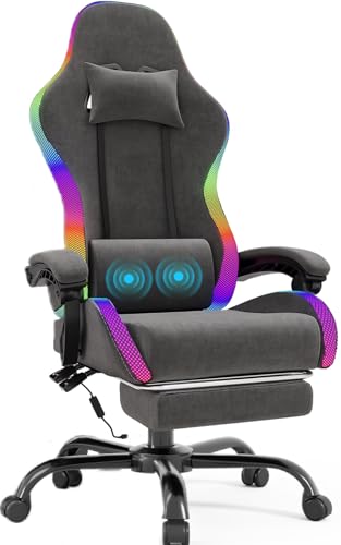 Airfish Silla de gaming de tela LED con reposapiés, silla de oficina ergonómica con masaje de apoyo lumbar, silla de gaming transpirable con iluminación RGB, capacidad de carga de 150 kg, color negro