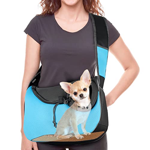 WOYYHO Large Dog Sling Carrier Pet Sling Carrier Mesh Hand Free Safe Dog Crossbody Bag Dog Satchel Carrier with Hard Bottom Support for Small Medium Dog Cat Rabbit ( Sky Blue )