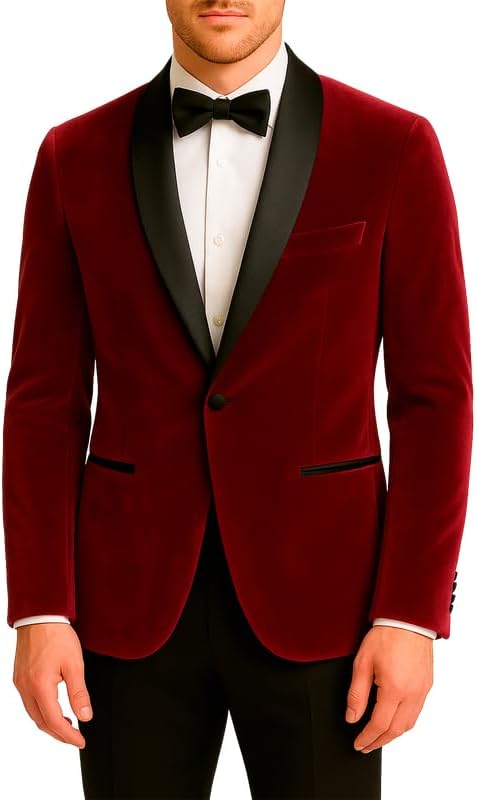 Adam Baker Men's Velvet Dinner Jacket, One Button Tuxedo Blazer with Satin Shawl Collar - Slim Fit for Wedding & Prom