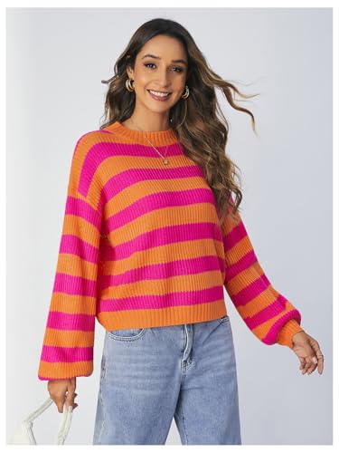Image of SOLY HUX Women's Color Block Striped Knit Tops Casual Long Sleeve Drop Shoulder Sweater Pullovers