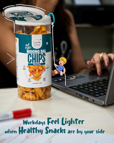 Image of CRUNCHY KARMA Moong Dal Chips Peri Peri Flavor | High Protein Healthy Snacks | Baked Gluten Free Chips | High Fiber & Low Cholesterol Snack | Crispy Indian Spicy Chips for Kids & Adults | 150g