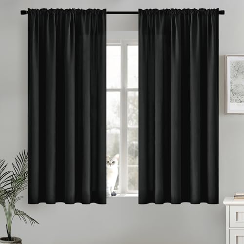 Image of MIULEE Black Semi Sheer Privacy Curtains Drapes 2 Panels 52W x 63L | Semi sheer privacy, non-see-through, light filtering, fits kitchen, bathroom, bedroom