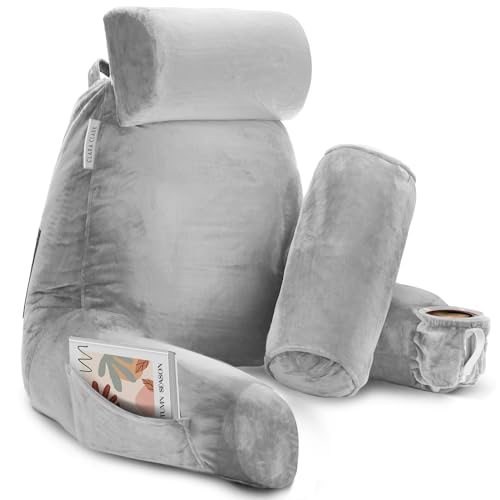 Clara Clark Reading Pillow with Shredded Memory Foam Includes 2 Neck and Lumber Support Pillows, Designed for Sitting Up in Bed and Couch Back and Arms Adjustable Support for Adults & Teens Light Grey