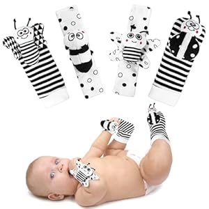 AJsupojouet Baby Rattle Socks & Wrist Toys for Newborns, 0-12 Months, High Contrast Black & White Toys for Brain Development, Infant Gift Boy and Girl