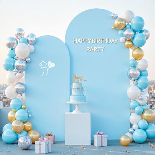 Image of Baby Blue and Royal Blue Arch Cover 2 Set-7.2FT and 6FT Arch Backdrop Cover Spandex Fitted Wedding Arch Stand Covers for Baby Shower Boy Birthday Party Gender Reveal Photo Background Decorations