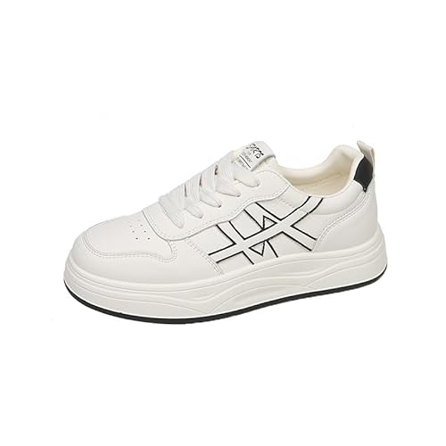 FENJUVIA Women's Platform Sneakers, White Casual Leather Shoes with Black