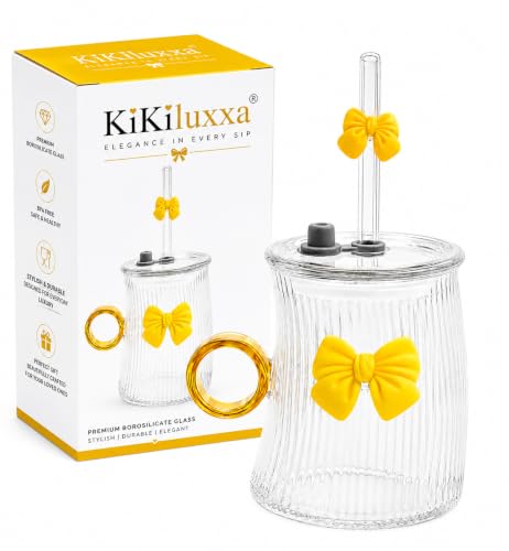 Image of KiKiluxxa Glass Water Sipper with Straw | Cute Bow Design Tumbler | Leak Proof Drinking Cup with Lid | Stylish Reusable Mug for Girls, Office, School & Travel (Citrine Glow Yellow)