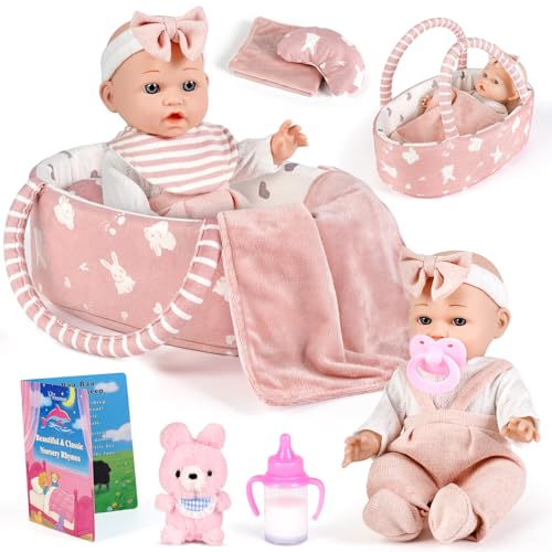 Dreamon 12 Inch Baby Doll with Carry Cot 11 PCS Baby Doll Accessories Set with Clothes Bottle & Pacifier Bunny Toy Bedtime Pretend Play Gift Toys Reborn Dolls for 3 4 5 Years Old Girls