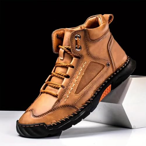Sawbehind Men's Comfortable Handmade Leather Boots, Waterproof Anti-Slip Spacious Toe Box Outdoor Orthopedic Ankle Boots(Brown,US 10)4