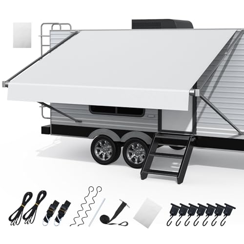 RV Awning Fabric Replacement, Upgraded 19.5oz Heavy Duty Material with Tie Down Kits & 7 Hooks, Outdoor Vinyl Canopy for Trailer and Motorhome Awning- 13'(Fabric 12'2"), White