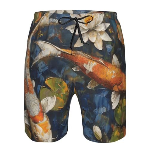 Men's Quick Dry Swim Shorts Fish Oil Painting Lotus Flowers Asian Style Beach Trunks with Pockets3