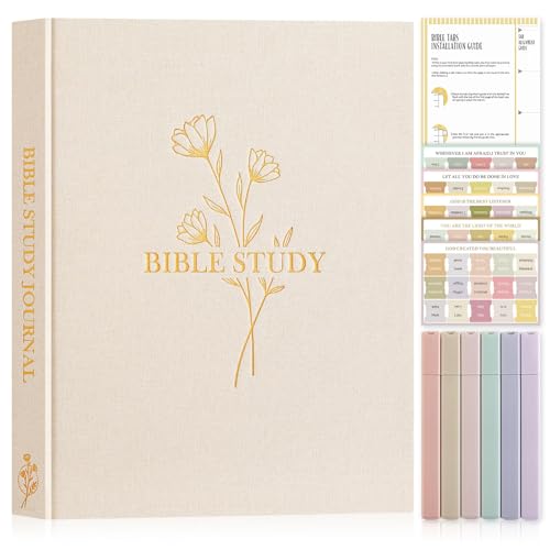 Lanpn Bible Study Journals for Women with Tabs & Highlighters Church Notes Taking Daily Devotional Journaling Linen Bible Prayer Guide Notebook Christian Religious Faith Based Gifts Beige