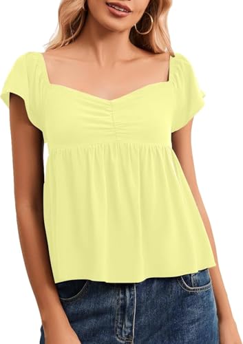 Navonta Peplum Tank Tops for Women Flutter Ruffle Short Sleeve Sweetheart Neck Cute Flowy Smocked Back Babydoll Tank Tops Yellow