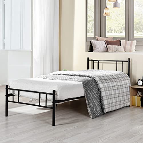 FetiNes Lit Simple Cadre de lit en métal 90 x 190 cm, pour Adultes Enfants, Pas Besoin de sommier, Assemblage Simple, Grande Espace en Lattes Noir Cover
