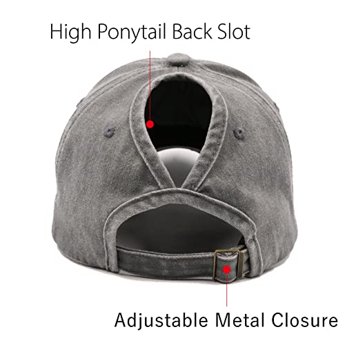 Promindfun Womens Ponytail High Messy Bun Hats Distressed Baseball Caps Unconstructed Washed Dad Hat Girls Trucker Ponycaps (01-Solid Fabric Grey) #TOP5