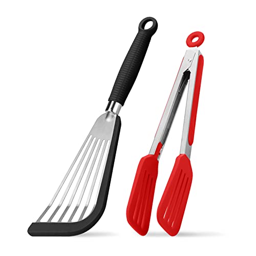 Winarrive Fish Spatula, Silicone Fish Spatula, Stainless Steel Slotted Turner Spatula With Silicone Cooking Tongs, Flexible Metal Fish Spatulas Set For Nonstick Cookware,Black #TOP19