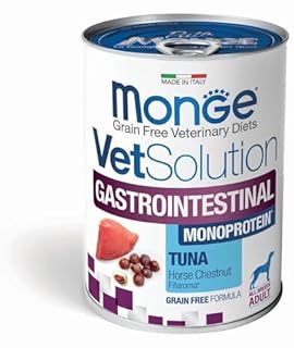 Monge Intestinal Umido Cane All Breeds,alimento completo per cani di tutte le taglie gusto TONNO per la riduzione dei disturbi dell'assorbimento intestinale | 6 scatolette da 400 grammi l’una.