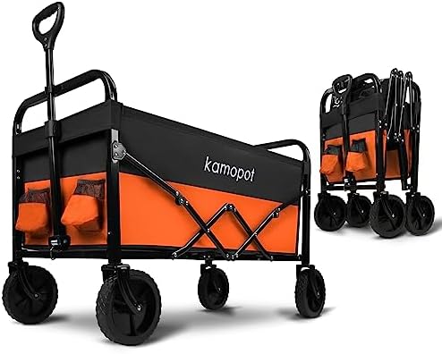 Kamopot Collapsible Wagon Cart, Folding Wagon for Grocery,Utility Wagon for Beach, Sports, Outdoor, Gardening. Heavy Duty 220 Lbs, with Self Assembly Wheels - Black/Orange