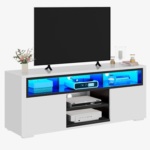 DWVO LED TV Stand for 55 Inch TV, Entertainment Center with 2 Storage Cabinet, 5 Open Shelves, Modern High Glossy Wood TV Console Table for Home, Living Room, Gaming Media Stand, Black & White