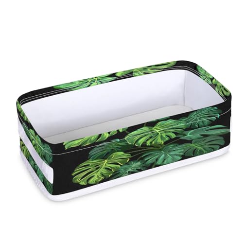 Tablerazzi Toilet Tank Topper Paper Basket with Handle, Tropical Palm Leaves Bathroom Storage Basket for Organizing, Green Palm Monstera Leaf Small Fabric Storage Bins for Bathroom Decor