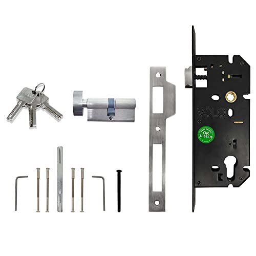 Image of Volo Premium Series Mortise Handle Lock | Bedroom Door Lock with Brass Cylinder and Brass Lock Body with Computerised Keys for Home /Hotels /Office (Silver Satin Finish) (Handle On Rose- 2213)