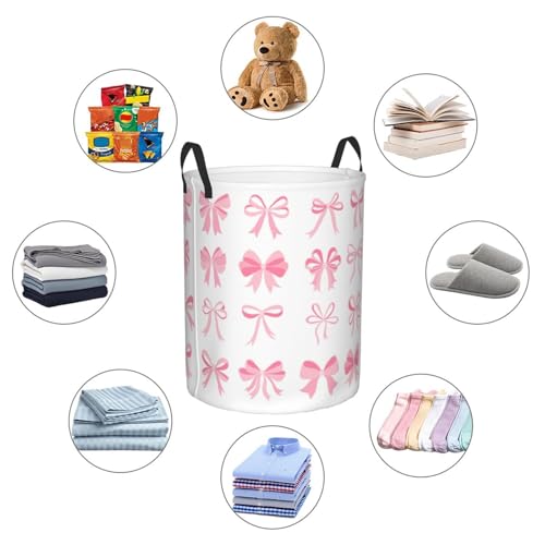 Image of Laundry Basket Room Decor,Round Laundry Hamper Waterproof Dirty Clothes Hamper Collapsible Laundry Baskets With Handles,Toy /Clothes Storage Basket For Home Dorm Bathroom Decor (Pink Bow)