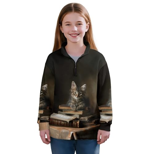 Image of AmzPrint Girls Graphic Quarter Zip Coat Long Sleeve Lightweight Oversized Athletic Running Hoodies For Kids Teen Girls