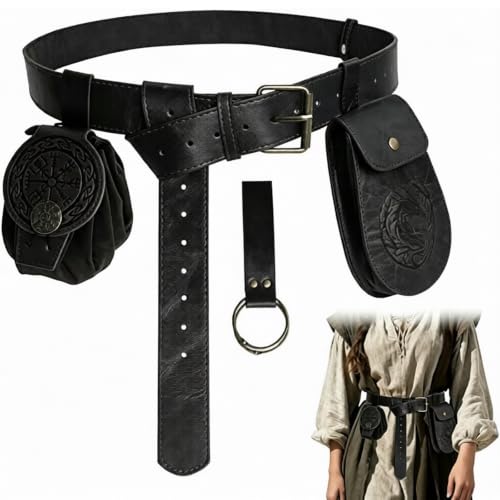 RICKMASK CinturóN Medieval con Bolso, 4 Piezas Disfraz Vikingo Accesorios, Disfraz Vikingo Hombre Mujer para Halloween Cosplay Piratas Brujas Caballeros Renacentistas (Negro)