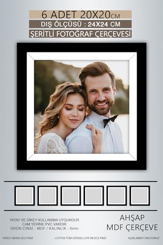 6 Adet 20x20 Çerçeve Siyah-Beyaz Şeritli Fotoğraf Mdf Çerçeve Kare Çerçeve Siyah 20 x 20