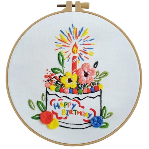Image of Esffaci Embroidery Starter Kit for Adult Beginner with Birthday Cake Flowers Pattern Hand Embroidery Set with Cloth Hoop Needle Threader Floss and Instruction