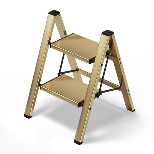 HillhutApex 2 Step Stool Aluminum Foldable Step Ladder Lightweight Stable Stool with Wide Non-Slip Pedals 330lbs Bearing Capacity Ladder for Office Home Kitchen - Gold