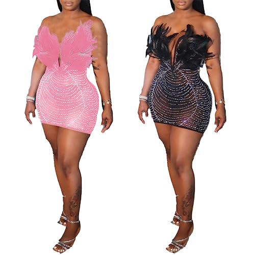 Image of PORRCEY Women's Sexy Elegant Rhinestone Mesh Party Club Night Mini Dress