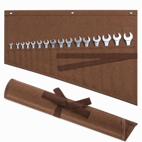 Image of Wrench Roll Up Pouch,16-Pocket Heavy Duty Roll Up Tool Bag,Sturdy Waterproof Oxford Fabric with 3 Rings for Wrenches,Screwdrivers,Hand Tools Storage,Portable Wrench Organizer for Mechanics(Brown)