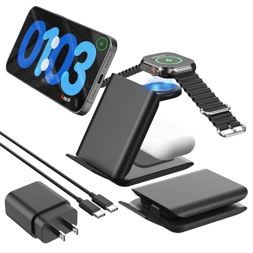 Wireless Charger Stand, 3 in 1 Foldable Fast Charging Station for Apple Multiple Devices, Compatible with iPhone 15/14/13/Pro Max/Pro/Plus/Mini, for AirPods 2/3/Pro, Watch Ultra/9/8/7/SE/6/5/4