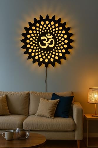 Image of Navneet Creation Wooden Om Mandala Wall Hanging With Backlit LED Light Wall Decor for Living Room & Bedroom | Handmade Home Decorative Items for Home And Office | Best Gift Items (45, Centimeters, 45, Centimeters)