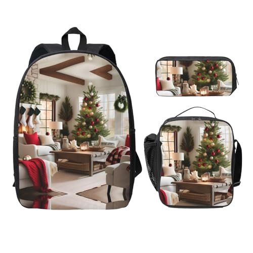 MDATT Farmhouse - Mochila navideña con bolsa para el almuerzo, estuche para lápices, bolsa ligera para camping, color negro, talla única, Negro , Talla única