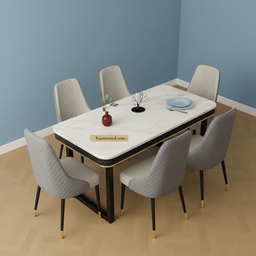 Image of 6-Seater Modern Nano Composite Marble Top Dining Table Set |2yr Warranty - Premium Top, MS Foldable Base| Suede Upholstered Chairs | Furniture for Home (Grey & Cream) - 36 inchX72 inchX30 inch in
