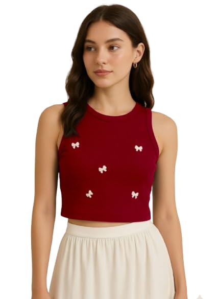 Solid Sleeveless Tank Crop Top with 3D Bow Embellishments | Trendy Round Neck Stretchy Casual Top | Soft Fabric Designer Western Tank Top for Women