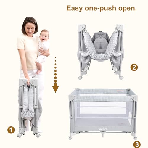 Image of GAIVE Baby Bassinet Bedside Crib, Pack and Play with Mattress, Diaper Changer, One-Push Setup Playards from Infants to Toddlers (Grey)